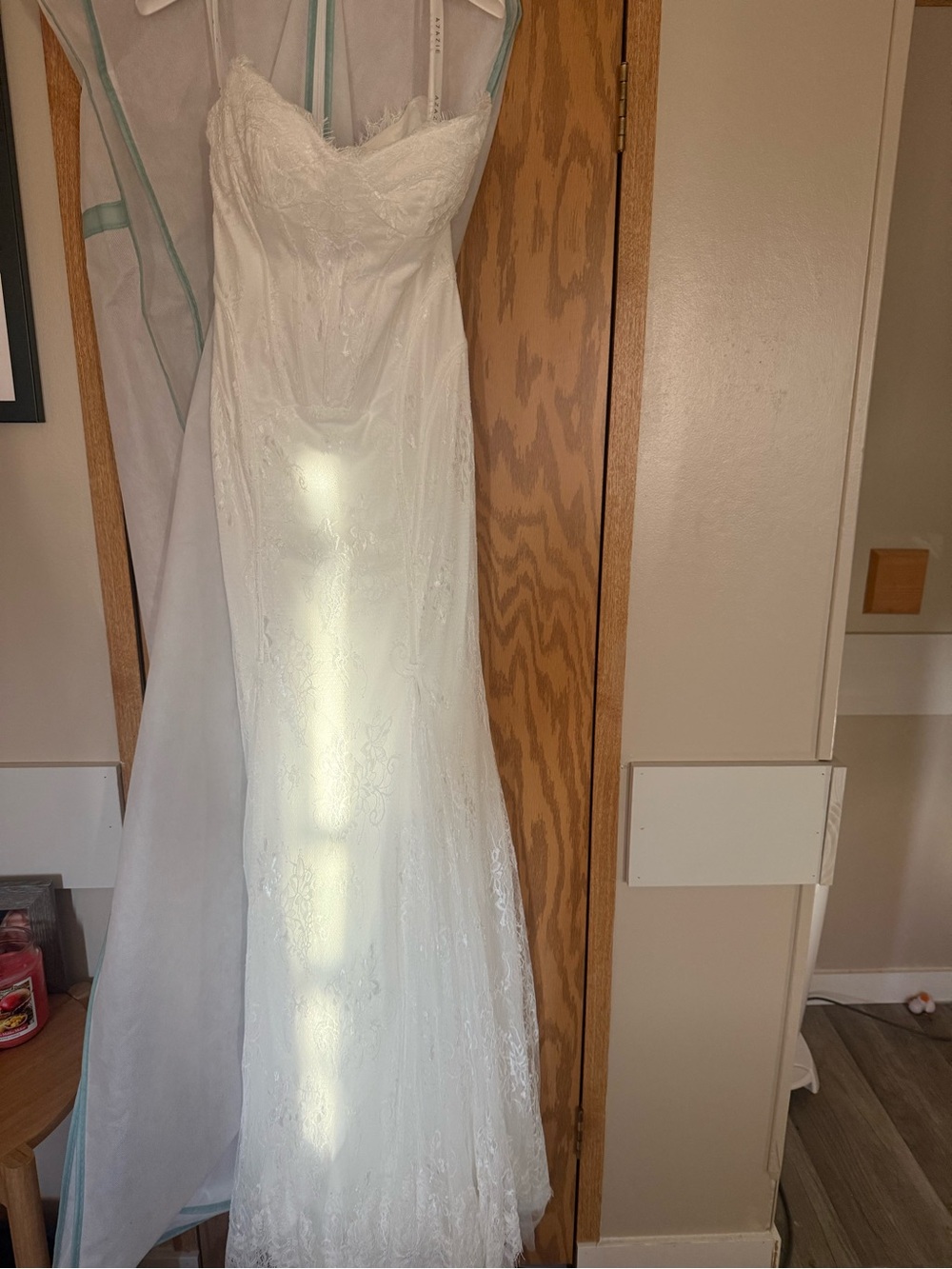 Azazie White Lace Strapless Wedding Gown